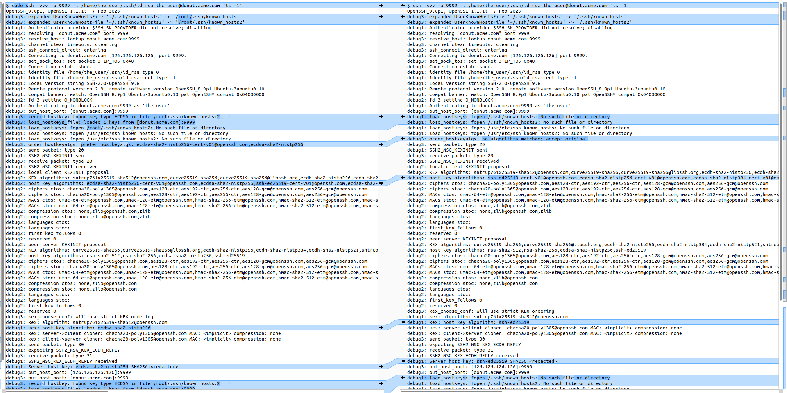 screenshot meld diff logs with and without sudo