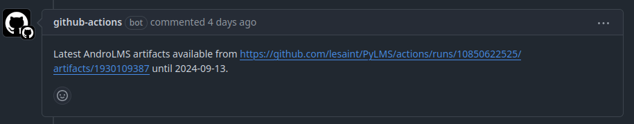 screenshot PR comment to download AndroLMS archive